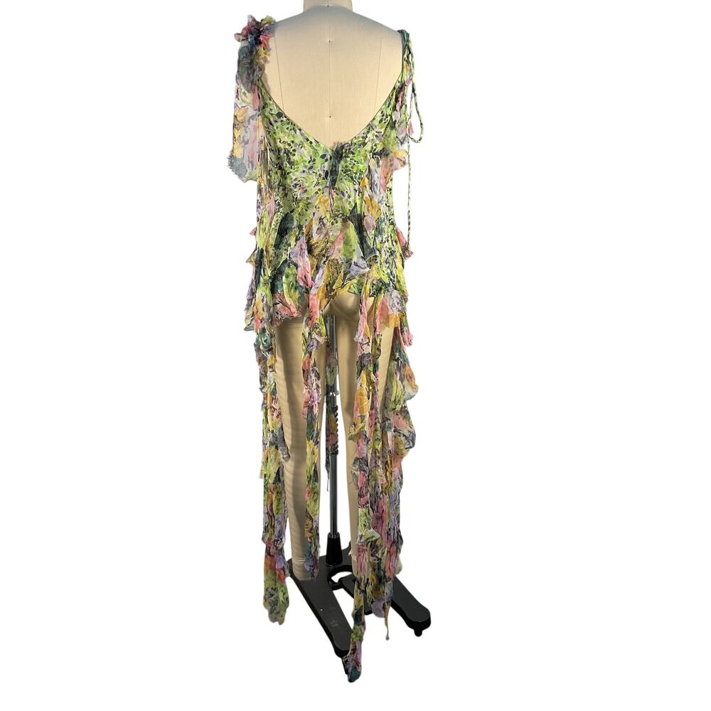Dries Van Noten Asymmetric Ruffled Green Floral Silk Crepon Top Size FR 34 / US - Picture 4 of 6